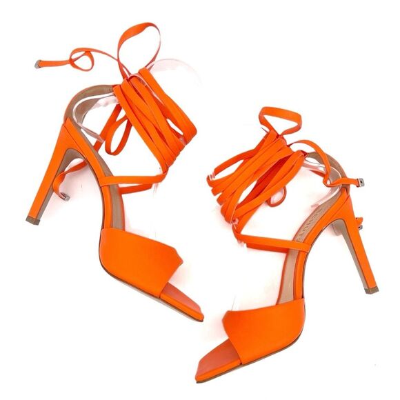 NEW Schutz Bryce Leather Stiletto Sandals Acid Orange Lace-Up Sandals Size 6.5 - Picture 11 of 16